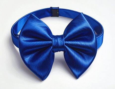 A shiny, vibrant blue satin bowtie on an adjustable strap