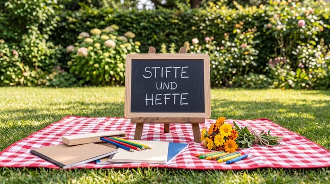 Kreidetafel mit Schriftzug STIFTE UND HEFTE auf karierter Picknickdecke im Garten mit Buntstiften und Blumen