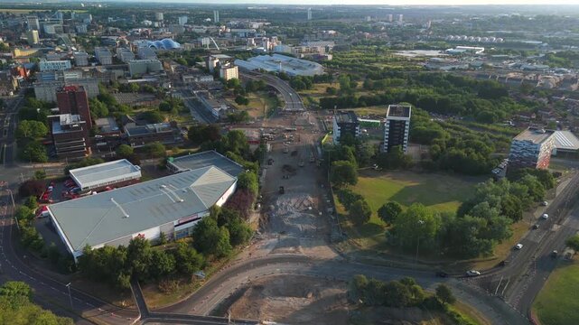 Gateshead UK: 20th July 2026: The demolition of the Gateshead Flyover drone footage. Nearby buildings and open areas are visible, with construction work ongoing