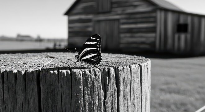 Zebra butterfly perched on weathered wood with rustic barn background