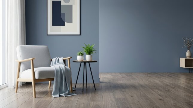Minimalist living room corner with grey armchair and blue wall
