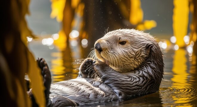Sea Otter Grooming Its Fur While Floating in Water
