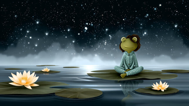 Cute cartoon frog in pajamas on a lily pad in moonlit pond . A good night picture for little boys and girls, a phone screensaver, for advertising