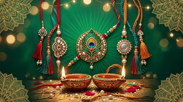 Festive raksha bandhan greeting with ornate rakhi and bokeh lights, floral patte