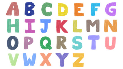 Colorful hand-drawn English alphabet letters from A to Z with textured crayon effect on transparent background for kids education and school design