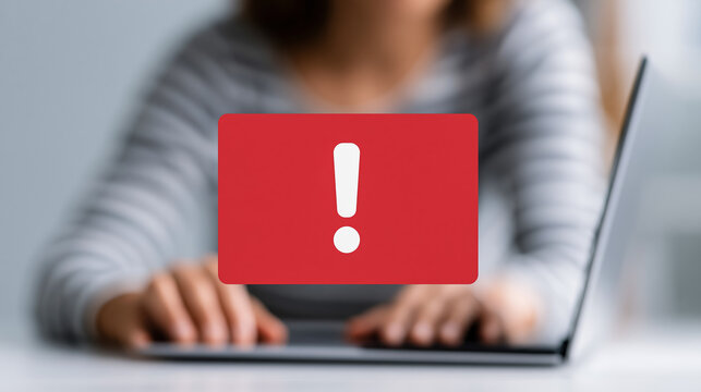 Woman Using Laptop With Red Warning Alert Notification Icon