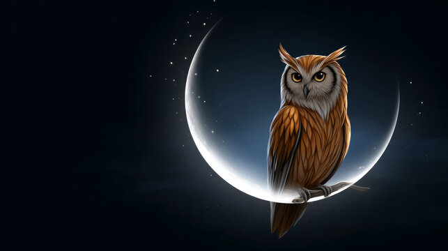 Cartoon-style sleepy owl perched on a crescent moon with soft lighting.  A good night picture for little boys and girls, a phone screensaver, for advertising
