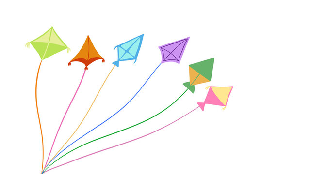 Colorful cartoon kites flying on strings isolated on a transparent background, vector graphic illustration for children and outdoor activities.