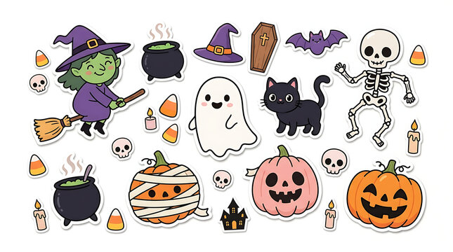 Halloween Clipart Collection: A playful and whimsical assortment of classic Halloween icons, featuring a friendly witch, spooky ghost, dancing skeleton, mischievous black cat.