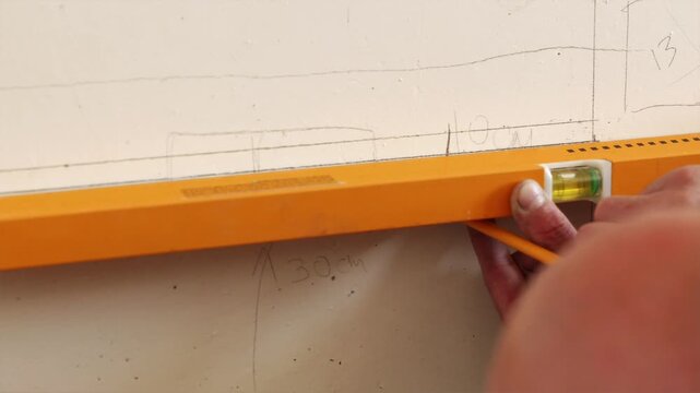 Builder outlining position for electrical socket outlet on wall