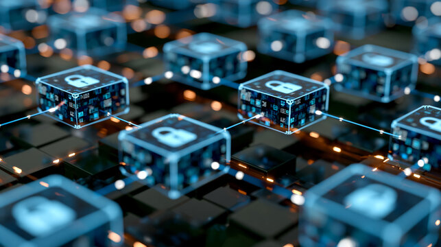 Secure Blockchain Technology Network with Encrypted Digital Locks, Cybersecurity and Data Protection Concept