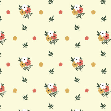Cute Minimal Floral Seamless Pattern with Wildflower Bouquet on Cream Background