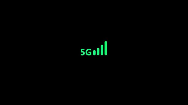 5G Signal Icon Animation. Mobile Network Strength Indicator, Wireless Connectivity, High Speed Internet, Cellular Signal Bars, Modern Flat UI Motion Graphic on Black Background