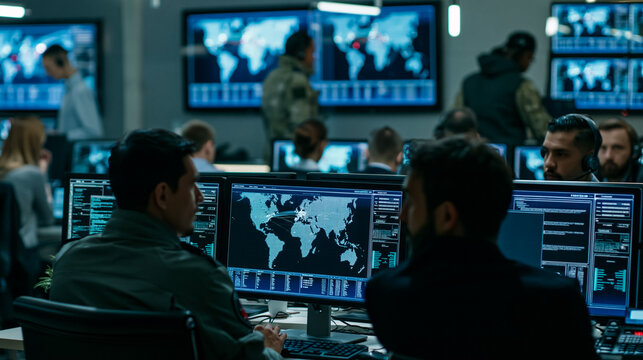 Global Security Operations Center Monitoring Cyber Threats on World Map Screens, Surveillance Technology Concept