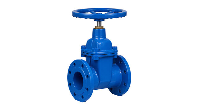 Blue industrial gate valve isolated on transparent background
