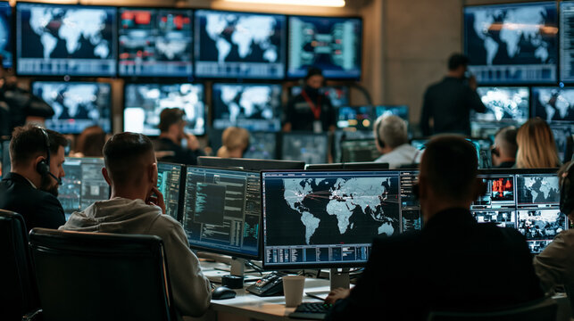 Cybersecurity Team Monitoring Global Threats in Security Operations Center, Data Surveillance Technology Concept