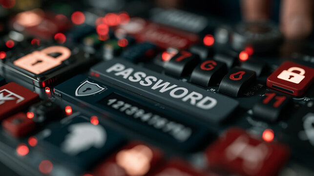 Password Security Keyboard with Padlock Icons and Red Warning Lights, Cybersecurity Protection Concept