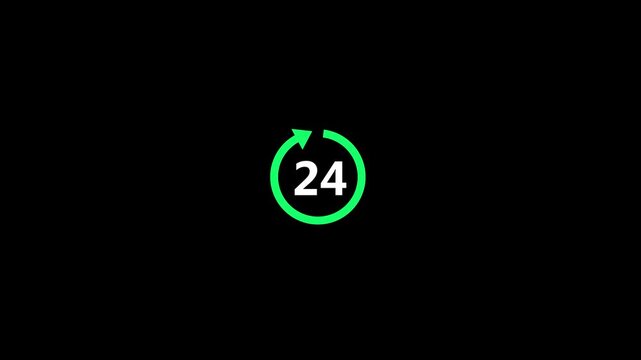 24H Icon Animation. Green 24 Hour Service Symbol with Circular Arrow, Round the Clock Customer Support, Continuous Availability, Loop Motion Graphic, Modern UI Animation on Black Background