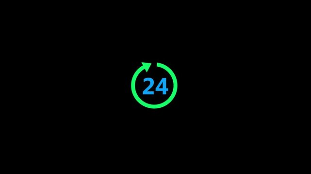 24H Icon Animation. Green 24 Hour Service Symbol with Circular Arrow, Round the Clock Customer Support, Continuous Availability, Loop Motion Graphic, Modern UI Animation on Black Background