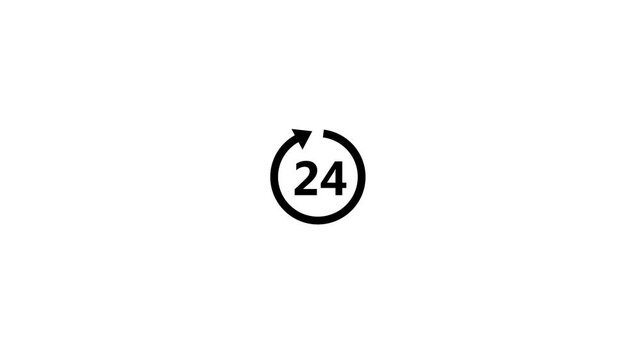24H Icon Animation. Green 24 Hour Service Symbol with Circular Arrow, Round the Clock Customer Support, Continuous Availability, Loop Motion Graphic, Modern UI Animation on Black Background