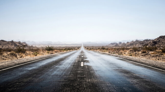 An empty asphalt road stretching into the horizon with intense heat shimmer in a desert landscape.