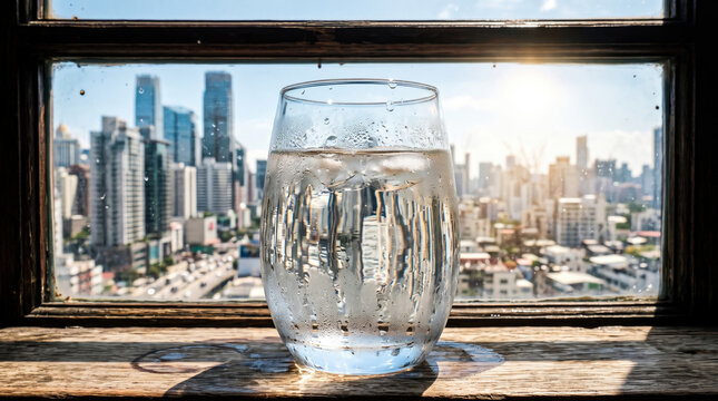 A cold glass of refreshing water sitting on a wooden windowsill overlooking a city skyline view.