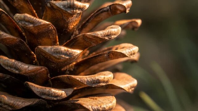 Close up of a brown pine cone with natural light and blurred green background