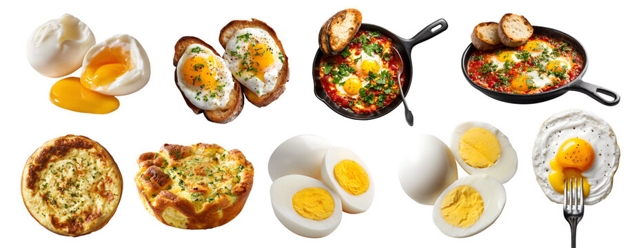 Set of different way to cook prepare eat egg, poached fried Shakshouka, Hard soft Boiled, omelette soufflee souffle, on toast skillet frying pan, transparent cutout PNG Mockup for design