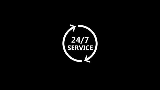 24 Hours Service Icon with Circular Arrow. Round-the-Clock Support, 24/7 Availability, Customer Service, Continuous Assistance, Modern Flat UI Icon Isolated on Black Background