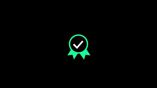 Verified Badge Icon Animation. Green Check Mark Award Ribbon, Approval Certificate, Quality Assurance, Certified Success Symbol, Modern Flat UI Motion Graphic on Black Background