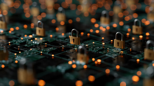 Zero trust cybersecurity architecture concept with golden padlocks on circuit board