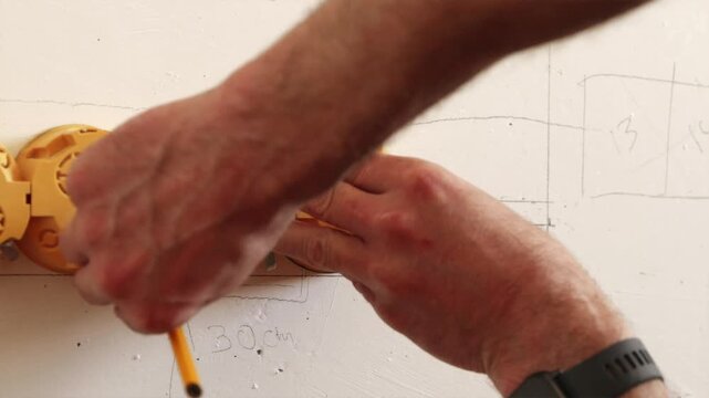 Red laser level checking accuracy of drawn wall socket layout