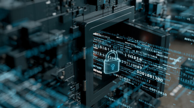 Digital Padlock with Binary Code in Server Room, Cybersecurity Data Protection Technology Concept