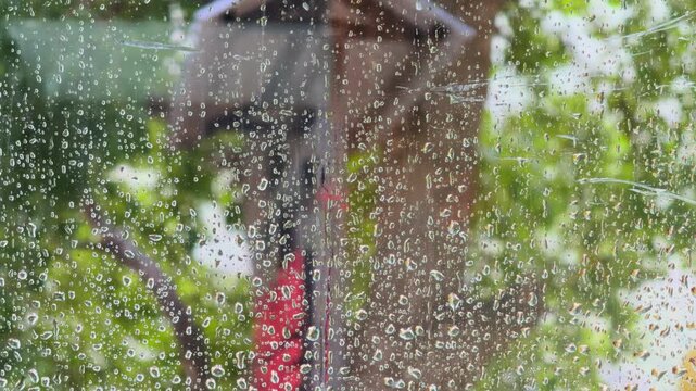 4K closeup shot of rain drops on a window due to rain in the monsoon season at New Delhi in India. Scenic background of rain drops on the glass window of home. Scenic rain background with copy space.