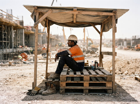 Construction worker resting under a makeshift wooden shelter on a hot dusty building site at noon