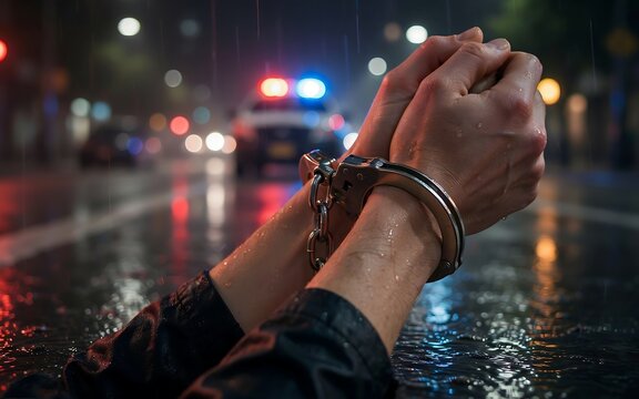 Person in handcuffs on a rainy city street at night with police lights for criminal arrest and law enforcement concept