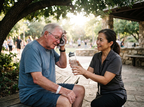 Caregiver offering a water bottle to an elderly man wiping sweat from his face on a sunny park bench