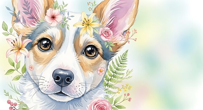 Cute Watercolor Dog Portrait with Floral Wreath Banner Illustration