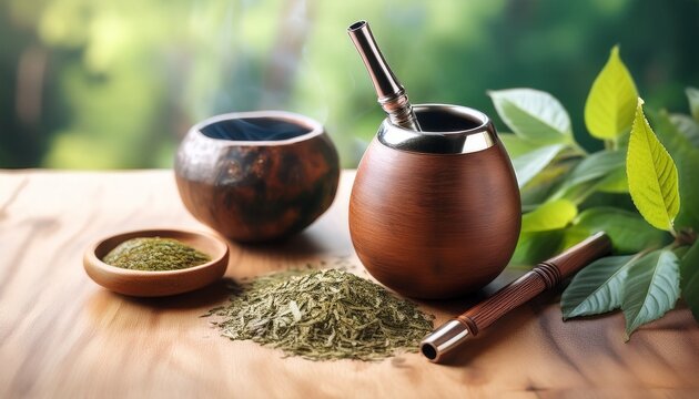 Natural Wellness Tea Setup Featuring Calabash Bombilla And Green Yerba Mate Leaves