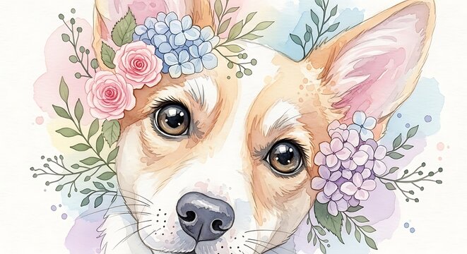 Cute Watercolor Dog Portrait with Floral Wreath Banner Illustration
