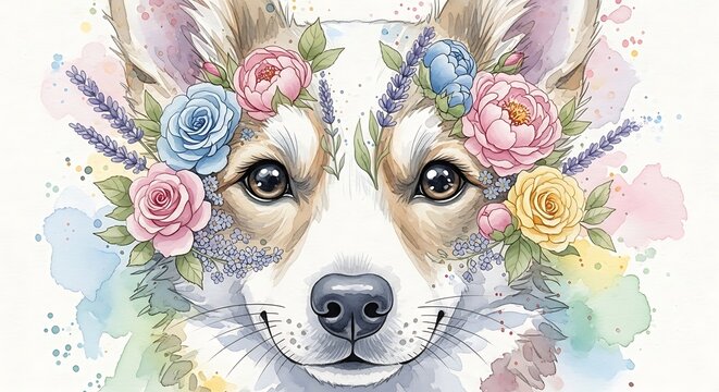 Cute Watercolor Dog Portrait with Floral Wreath Banner Illustration