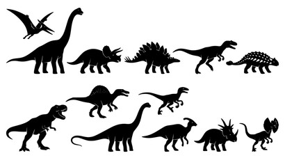 Realistic Prehistoric Dinosaur Silhouette Collection Vector Bundle © creative Madara 
