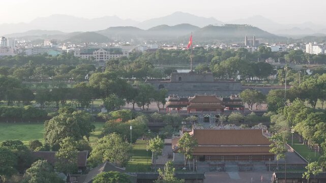 Aerial drone view of Hue Imperial Citadel featuring Ngo Mon Gate, Thai Hoa Palace and Kien Trung Palace, showcasing Vietnam's UNESCO royal heritage, ancient architecture and cultural landmark. D log m
