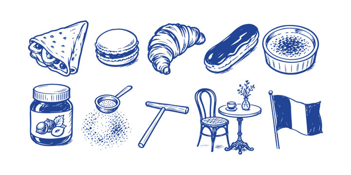 french bakery pastry dessert element collection hand drawn doodle icon set vector illustration