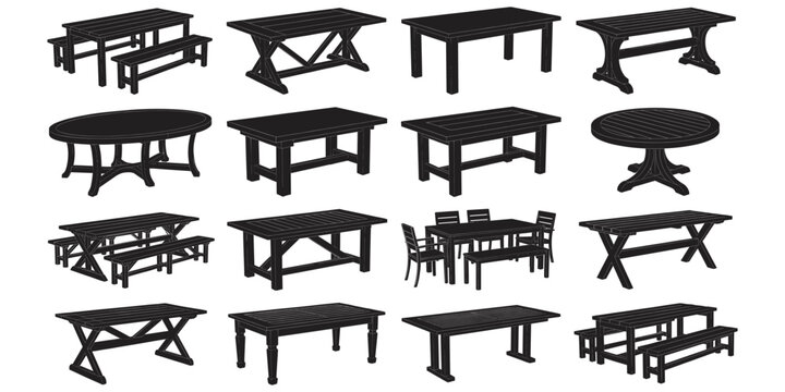 Dining table icons, bench, rectangular, oval, round, trestle, pedestal, straight legs, furniture design, catalog, selection, flat vector illustration