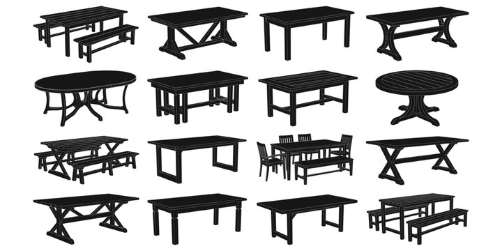 Dining table icons, benches, rectangular, oval, round, trestle, pedestal, straight legs, furniture design, catalog, interior, decoration, flat vector illustration