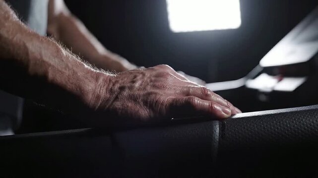 Close-up of male hands gripping treadmill handlebar, showcasing gradual pressure application in a dimly lit gym environment with bright overhead lighting