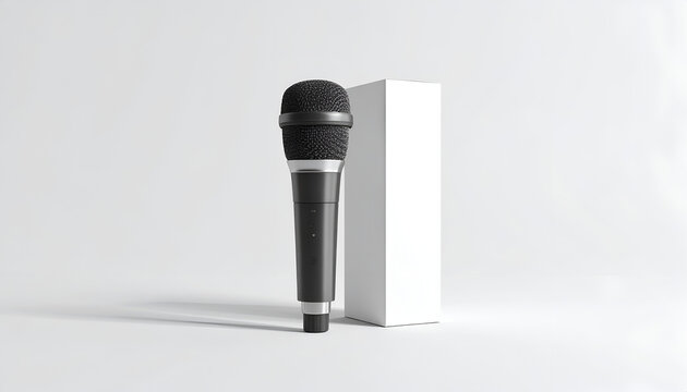 Black microphone stands next to white cube against clean backdrop providing studio setting for presentations and audio content recording