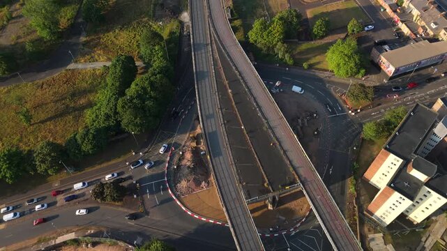 Gateshead UK: 20th July 2026: The demolition of the Gateshead Flyover drone footage. Nearby buildings and open areas are visible, with construction work ongoing