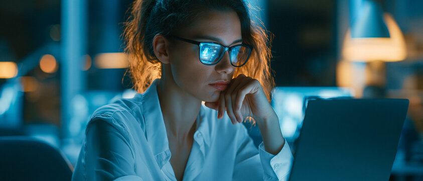Woman with glasses focused on laptop screen in a dimly lit office environment a portrait photograph adult businesswoman computer concentration
